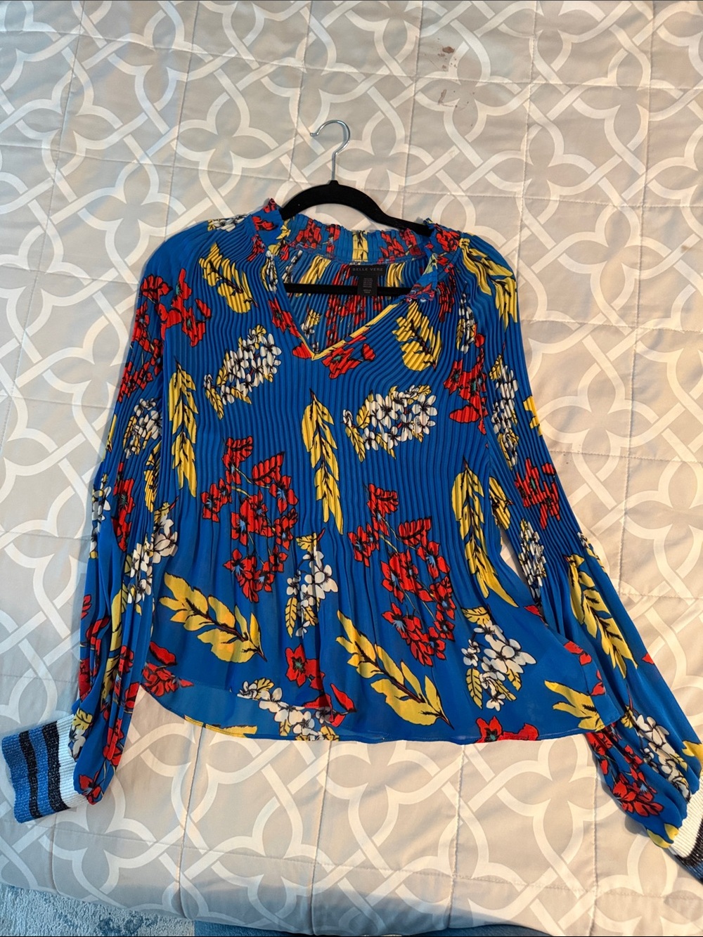 Vibrant Blue Floral V-Neck Pleated Blouse